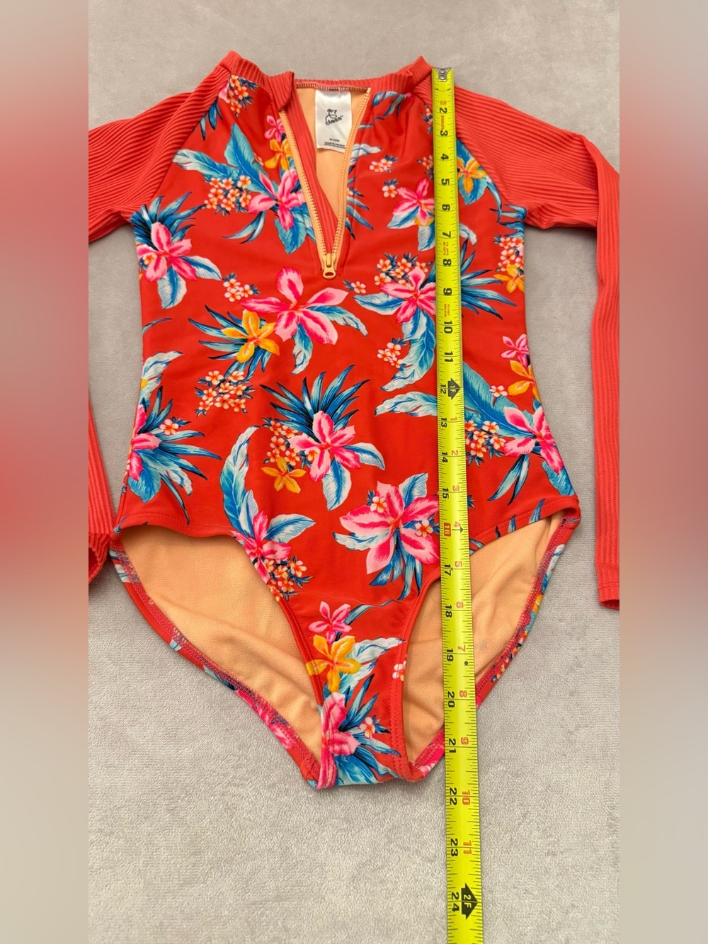 Art Class Girls One Piece Swimsuit Size 7/8 Red Tropical Floral Long Sleeve Zip - Picture 2 of 9